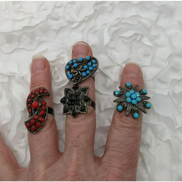 4 BoHo Fashion adjustable rings with stones‎ - Picture 1 of 3